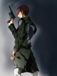  1boy absurdres brown_hair daisx_(dais0115) feet_out_of_frame floch_forster from_below from_side gun highres holding holding_gun holding_weapon looking_at_viewer male_focus military military_uniform official_style pants paradis_military_uniform shingeki_no_kyojin short_hair smoke solo survey_corps_(emblem) uniform weapon white_pants 