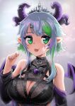  1girl :p blue_hair breasts bsapricot_(vtuber) cleavage cleavage_cutout clothing_cutout demon_wings eyebrows_visible_through_hair green_eyes green_hair highres horns large_breasts looking_at_viewer multicolored_hair multiple_horns oida-sama_(artist) pointy_ears solo tongue tongue_out virtual_youtuber vshojo wings 