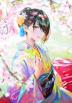  1girl absurdres black_eyes black_hair blue_nails cherry_blossoms floral_print flower grin hair_flower hair_ornament hair_over_one_eye highres japanese_clothes kimono looking_at_viewer nababa original sash smile solo 