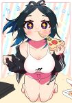  +_+ 1girl :3 black_hair black_jacket blue_eyes blue_hair breasts character_name cleavage controller eating folded_ponytail food full_body game_console game_controller gradient_hair highres jacket kneeling kson large_breasts multicolored_hair pink_shorts pizza pizza_box playstation_4 playstation_controller real_life sakuramochi_(sakura_frappe) short_shorts shorts smile solo striped striped_background tank_top 
