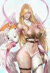  1girl angel_wings angewomon armpits asymmetrical_clothes blonde_hair blue_eyes breasts closed_mouth cowboy_shot curvy digimon feathered_wings gloves hair_over_one_eye highres kangagi97 large_breasts long_hair multiple_wings navel patamon revealing_clothes single_glove smile thigh_strap very_long_hair wings 