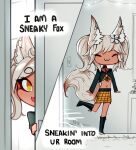  1girl :3 ^_^ animal_ear_fluff animal_ears chibi closed_eyes commentary dark-skinned_female dark_skin ehrrr english_commentary english_text flower fox_ears fox_girl fox_tail hair_flower hair_ornament highres indoors orange_eyes original peeking_out tail white_hair 