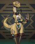 2019 anthro areola breasts brown_areola clothing digital_media_(artwork) female fluzzbuzz green_eyes hi_res leggings legwear long_tongue looking_at_viewer mostly_nude multicolored_body nipples nude pit_viper rattlesnake reptile scalie simple_background snake solo tan_body tequoia_copperland tongue tongue_out two_tone_body viper yellow_body 