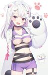  1girl :d animal_ears animal_hands bear_ears blush breasts choker collarbone fang gloves gradient gradient_background grey_background hair_ornament hand_up highres indie_virtual_youtuber looking_at_viewer medium_breasts multicolored_hair nam_(nam990902) navel paw_gloves pink_hair purple_choker purple_eyes purple_hair purple_shorts shorts skin_fang smile solo underboob virtual_youtuber white_background white_hair x_hair_ornament xiho_(vtuber) 