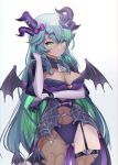  1girl absurdres blue_hair breasts bsapricot_(vtuber) cleavage eyebrows_visible_through_hair green_eyes green_hair highres horns jewelry looking_at_viewer medium_breasts multicolored_hair multiple_horns namishiron pointy_ears solo thighhighs virtual_youtuber vshojo wings 