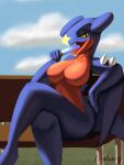  3:4 anthro bench big_breasts blue_body breasts crossed_legs digital_media_(artwork) digital_painting_(artwork) dragon female food garchomp hi_res licking looking_at_viewer nintendo open_mouth paradoxing pok&eacute;mon pok&eacute;mon_(species) popsicle red_body scalie signature sitting solo spikes spikes_(anatomy) thick_thighs tongue tongue_out video_games wide_hips yellow_eyes 