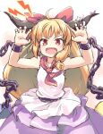  1girl ahoge bow cowboy_shot cuffs eyebrows_visible_through_hair fangs hair_bow hairbow horn_ornament horn_ribbon horns ibuki_suika isu_(is88) lightning_bolt_symbol long_hair looking_at_viewer low-tied_long_hair metal_belt neckerchief open_mouth orange_hair purple_skirt red_bow red_eyes red_neckerchief ribbon shackles shirt skirt solo standing torn_clothes torn_sleeves touhou v-shaped_eyebrows white_shirt 