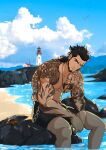 1boy absurdres bara beard bird_tattoo black_hair blue_sky blurry blurry_background chain cloud crab day deny_pratama earrings english_commentary facial_hair final_fantasy final_fantasy_xv gladiolus_amicitia highres jewelry lighthouse looking_at_viewer male_focus male_swimwear medium_hair muscular muscular_male mustache necklace nipples on_rock outdoors pectorals rock sitting sky soaking_feet stubble swim_trunks tattoo 