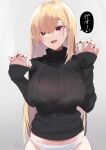  1girl bangs black_sweater blonde_hair blush breasts commentary gao highres kazami_chiu large_breasts long_hair long_sleeves looking_at_viewer open_mouth original panties red_eyes ribbed_sweater smile solo sweater translated turtleneck turtleneck_sweater underwear white_panties 