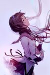  1girl ahivemind akemi_homura black_ribbon brown_hair closed_mouth collared_shirt floating_hair from_side grey_background hairband half-closed_eyes highres long_hair long_sleeves looking_at_viewer looking_to_the_side mahou_shoujo_madoka_magica miniskirt purple_eyes purple_hairband purple_sailor_collar purple_skirt ribbon sailor_collar sailor_shirt shiny shiny_hair shirt skirt solo twintails white_shirt 