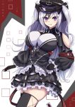  1girl absurdres azur_lane bare_shoulders black_dress black_gloves black_hair black_headwear black_ribbon blue_eyes breasts clothing_cutout cross dress elbe_(azur_lane) eyes_visible_through_hair frilled_dress frills gloves gradient_eyes hair_ribbon hat highres iron_cross large_breasts layered_dress looking_at_viewer multicolored_eyes multicolored_hair peaked_cap purple_eyes red_armband ribbon shoulder_cutout silver_hair simple_background solo streaked_hair thighhighs two-tone_hair white_background white_dress 