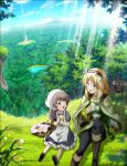  2girls absurdres basket bear bird blonde_hair blue_eyes blush breasts brown_eyes brown_hair bug butterfly cape cayna_(leadale_no_daichi_nite) cloud collarbone dappled_sunlight eating eyebrows_visible_through_hair flower food forest grass hairband highres horns key_visual lake leadale_no_daichi_nite long_hair looking_at_another lytt_(leadale_no_daichi_nite) medium_breasts mountainous_horizon multiple_girls nature official_art on_ground open_mouth promotional_art sandwiched shade shadow short_hair sitting sunlight sweat sweating_profusely tower tree 