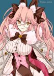 1girl animal_ear_fluff animal_ears artist_name bangs black_bow bow breasts cape commentary_request dress_shirt eyebrows_visible_through_hair fate/grand_order fate_(series) fox_girl fur-trimmed_cape fur_trim glasses hair_between_eyes hair_bow heart highres izumi_minami koyanskaya_(assassin)_(second_ascension)_(fate) koyanskaya_(fate) large_breasts long_hair long_sleeves looking_at_viewer making-of_available open_mouth pink_hair shirt sidelocks sketch smile solo tamamo_(fate) twintails twitter_username underbust white_cape yellow_eyes 