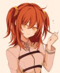  1girl ahoge alternate_hairstyle bangs blush chaldea_uniform commentary_request embarrassed fate/grand_order fate_(series) fujimaru_ritsuka_(female) hair_ornament hair_scrunchie holding holding_hair long_sleeves looking_away nozz177 orange_eyes orange_hair scrunchie simple_background solo twintails two_side_up uniform upper_body 