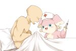  2414 ambiguous_gender anthro audino bed_sheet bedding blue_eyes blush clothing duo erection erection_under_blanket faceless_character faceless_human hat headgear headwear hi_res human male mammal morning_wood nintendo nude nurse_clothing nurse_hat nurse_headwear pillow pink_body pok&eacute;mon pok&eacute;mon_(species) simple_background syringe tan_body video_games white_background 