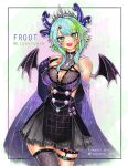  1girl blue_hair breasts bsapricot_(vtuber) cleavage cleavage_cutout clothing_cutout demon_wings eyebrows_visible_through_hair fang fhenris green_eyes green_hair horns jewelry large_breasts looking_at_viewer multicolored_hair multiple_horns open_mouth painting_(medium) pointy_ears skin_fang solo thighhighs traditional_media virtual_youtuber vshojo watercolor_(medium) wings 
