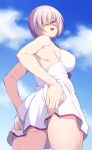  1girl 846-gou absurdres ass back bangs bare_shoulders blue_sky breasts dress_swimsuit fate/grand_order fate_(series) glasses hair_over_one_eye highres large_breasts light_purple_hair looking_at_viewer looking_back mash_kyrielight mash_kyrielight_(swimsuit_of_perpetual_summer) open_mouth purple_eyes short_hair sky smile solo swimsuit thighs white_swimsuit 