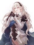  1girl absurdres armor artist_name bangs blue_cape blush cape commentary_request corrin_(fire_emblem) corrin_(fire_emblem)_(female) eyebrows_visible_through_hair fingers_together fire_emblem fire_emblem_fates gloves hair_ornament hands_up headband highres long_hair long_sleeves open_mouth pointy_ears puffy_sleeves red_eyes shiny shiny_hair shiny_skin signature simple_background smile soba_rkgk solo white_hair 