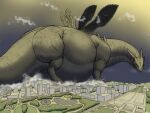  ambiguous_gender city dragon feral landscape_dwarfing macro meanybeany multi_wing overweight solo thick_tail wings 