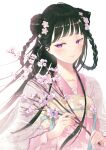  1girl bangs black_hair blunt_bangs blush braid braided_bun braided_tail cherry_blossoms chinese_clothes closed_mouth clothing_request collarbone double_bun flower hair_bun hair_flower hair_ornament hanfu highres kusaka_kou long_hair looking_to_the_side original purple_eyes solo white_background 