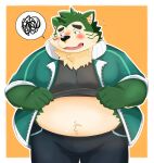  2022 absurd_res anthro belly big_belly black_nose blush bodily_fluids bottomwear canid canine canis clothed clothing clothing_lift domestic_dog green_body hi_res humanoid_hands jinastray kemono lifewonders live-a-hero male mammal mokdai overweight overweight_male pants shirt shirt_lift simple_background solo tears topwear video_games 