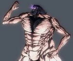  1boy abs absurdres beard black_hair character_request check_character chest_hair daisx_(dais0115) facial_hair giant giant_male glowing glowing_eyes highres large_pectorals long_hair male_focus monster official_style pectorals pointy_ears purple_eyes shingeki_no_kyojin solo titan_(shingeki_no_kyojin) 