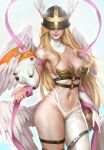  1girl angel_wings angewomon armpits asymmetrical_clothes blonde_hair breasts closed_mouth covered_eyes cowboy_shot curvy digimon feathered_wings gloves helmet highres kangagi97 large_breasts long_hair multiple_wings navel patamon revealing_clothes single_glove smile thigh_strap very_long_hair winged_helmet wings 