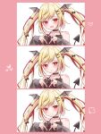  1girl :o =3 absurdres bangs black_bow black_dress black_ribbon blonde_hair blush bow character_request commentary demon_girl demon_tail demon_wings dress eyebrows_visible_through_hair fang heart heart-shaped_pupils heart_hands highres indie_virtual_youtuber long_hair looking_at_viewer multicolored_hair null_maru pink_background red_bow red_eyes red_hair ribbon smile solo_focus streaked_hair symbol-shaped_pupils tail twintails virtual_youtuber wings 