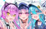  3girls animal_hood bangs bare_shoulders blue_eyes blue_hair blush collarbone double_v earrings eyebrows_visible_through_hair fang hair_between_eyes highres hololive hood hood_up hoshimachi_suisei jewelry kairi_(kai_ri) looking_at_viewer minato_aqua multicolored_hair multiple_earrings multiple_girls one_eye_closed open_mouth pink_eyes pink_hair purple_hair sailor_collar smile sparkle sweat tokoyami_towa two-tone_hair upper_body v virtual_youtuber white_background yellow_eyes 