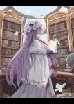  1girl bangs blunt_bangs book bookshelf bow bug butterfly crescent dress eyebrows_behind_hair hair_bow hair_ribbon hat highres indoors letterboxed library long_hair long_sleeves looking_at_viewer ookashippo patchouli_knowledge profile purple_eyes purple_hair ribbon sideways_glance solo touhou very_long_hair 