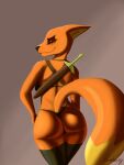  2022 3:4 anthro big_butt bra butt canid canine clothing curvaceous curvy_figure digital_media_(artwork) digital_painting_(artwork) female fox fur hand_on_hip hi_res leggings legwear looking_at_viewer looking_back looking_back_at_viewer mammal melee_weapon narrowed_eyes orange_body orange_fur paradoxing sheathed_weapon signature simple_background solo sword thick_thighs thigh_highs underwear voluptuous weapon wide_hips yellow_body yellow_eyes yellow_fur 