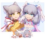  2girls animal_ears bangs blue_eyes blunt_bangs bodysuit cat_ears enni facial_mark gloves hat head_wings melia_antiqua multiple_girls nia_(xenoblade) short_hair silver_hair white_gloves xenoblade_chronicles xenoblade_chronicles_(series) xenoblade_chronicles_2 yellow_bodysuit yellow_eyes 