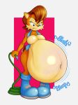  2022 anthro archie_comics belly big_belly boots chipmunk clothing cross-popping_vein female footwear ground_squirrel hair hi_res holding_hose holding_object hose inflation looking_angry looking_at_belly looking_down mammal mostly_nude navel raised_tail rhysscribbles rodent sally_acorn sciurid sega slosh solo sonic_the_hedgehog_(archie) sonic_the_hedgehog_(comics) sonic_the_hedgehog_(series) sound_effects standing text topwear vest water_inflation 