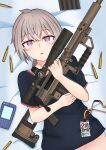  1girl absurdres ammunition anti-materiel_rifle bangs bed blue_shirt blush bolt_action bottomless cheytac_m200 cowlick girls&#039;_frontline gotoo gun highres holding holding_gun holding_weapon id_card lanyard looking_at_viewer low_ponytail lying m200_(girls&#039;_frontline) magazine_(weapon) on_back on_bed open_mouth pink_eyes rifle scope shirt short_sleeves sidelocks silver_hair sniper_rifle sniper_scope solo weapon 