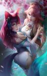  2girls ahri_(league_of_legends) animal_ears bangs bell breasts cherry_blossoms crossover detached_sleeves dutch_angle fox_ears fox_shadow_puppet fox_tail from_above genshin_impact hair_bell hair_ornament japanese_clothes kimono large_breasts league_of_legends long_hair looking_at_viewer low-tied_long_hair multiple_girls nontraditional_miko olesyaspitz pink_hair purple_eyes sideboob tail vision_(genshin_impact) yae_miko 