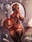  absurd_res anthro big_breasts breasts canid canine clothing female fur hi_res kotecfaction legwear looking_at_viewer looking_back looking_back_at_viewer mammal mostly_nude multicolored_body multicolored_fur rizapiska solo thigh_highs 