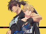  2boys arm_around_shoulder black_shirt blonde_hair brown_hair closed_mouth clothes_writing fingerless_gloves from_side gloves green_eyes guilty_gear headband holding_hands ky_kiske long_hair looking_at_another looking_at_viewer male_focus multiple_boys muscular muscular_male pectorals ponytail red_eyes shirt short_hair simple_background sol_badguy t-shirt talgi thick_arms yellow_background 