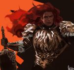  1boy absurdres armor black_sclera breastplate closed_mouth colored_sclera elden_ring floating_hair gauntlets highres holding holding_sword holding_weapon long_hair male_focus no_headwear no_helmet pauldrons red_eyes red_hair shoulder_armor signature solo starscourge_radahn sword weapon yen_(yenyenyen19) younger 