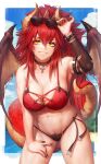  1girl absurdres bangs beach bikini breasts cleavage collar cross dragon_girl dragon_horns dragon_tail dragon_wings highres horns large_breasts long_hair looking_at_viewer muscular muscular_female nail_polish numanoan red_hair smile solo sunglasses swimsuit tail virtual_youtuber vshojo wings yellow_eyes zentreya_(vtuber) 