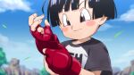  1girl black_hair blue_sky blush_stickers child closed_mouth cloud dragon_ball dragon_ball_super dragon_ball_super_super_hero gloves grey_eyes leaf pan_(dragon_ball) putting_on_gloves red_gloves rom_(20) shirt short_hair short_sleeves sky solo upper_body 