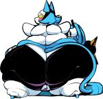  absurd_res anthro big_butt blue_body blue_tail blush bodily_fluids butt cloudboyo deltarune felid feline female hi_res huge_butt looking_back machine mammal morbidly_obese morbidly_obese_anthro morbidly_obese_female obese obese_anthro obese_female overweight overweight_anthro overweight_female robot simple_background solo sweat sweatdrop tasque_manager thick_thighs undertale_(series) video_games white_background wide_hips yellow_eyes 