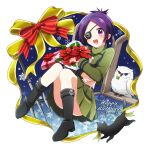  1girl bird blue_eyes boots breasts cat chrome_dokuro eyepatch full_body heterochromia katekyo_hitman_reborn! looking_at_viewer midriff momo_tomato open_mouth polearm purple_eyes purple_hair rokudou_mukuro short_hair skirt smile weapon 