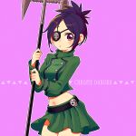  1girl belt blush breasts character_name chrome_dokuro eyepatch katekyo_hitman_reborn! looking_at_viewer midriff navel nns146 open_mouth polearm purple_eyes purple_hair school_uniform short_hair simple_background solo weapon 