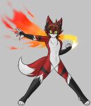  anthro black_body black_fur brown_hair canid canine chest_tuft dipstick_tail embereon featureless_crotch fire fox fur gloves_(marking) green_eyes hair hi_res leg_markings male mammal markings multicolored_body multicolored_fur red_body red_fur simple_background smile socks_(marking) solo tail_markings tetsushi tuft white_body white_fur 