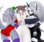  2022 anthro beastars blush brown_body brown_fur canid canid_demon canine canis clothed clothing collar crop_top demon digital_media_(artwork) ear_piercing female five_nights_at_freddy&#039;s five_nights_at_freddy&#039;s:_security_breach fur green_hair group hair helluva_boss hi_res juno_(beastars) legwear looking_at_viewer loona_(helluva_boss) mammal piercing pulred roxanne_wolf_(fnaf) scottgames shirt simple_background smile stockings topwear video_games wolf 