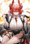  1girl absurdres arknights between_breasts black_coat black_skirt breasts bright_pupils coat fiammetta_(arknights) highres looking_at_viewer necktie necktie_between_breasts popped_collar red_eyes red_hair red_necktie shirt short_hair skirt solo white_shirt yushi_quetzalli 