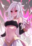  1girl absurdres android_21 aura black_sclera breasts colored_sclera colored_skin detached_sleeves dragon_ball dragon_ball_fighterz earrings grin highres hoop_earrings jewelry majin_android_21 mao_san navel pink_skin red_eyes smile solo tail white_hair 