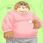  2022 anthro belly big_belly bottomwear brown_body brown_fur canid canine canis clothing cute_fangs domestic_dog eyewear fur glasses kemono male mammal mature_male mug overweight overweight_male pants solo sweater topwear toshi_(artist) 