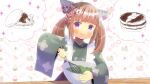  1girl :q animal_ear_fluff animal_ears bangs blush bowl brown_hair closed_mouth commentary_request commission copyright_request eyebrows_visible_through_hair food food-themed_background green_kimono holding holding_bowl japanese_clothes kimono kou_hiyoyo long_hair long_sleeves looking_at_viewer mixing_bowl pancake purple_eyes skeb_commission smile solo sparkle stack_of_pancakes thought_bubble tongue tongue_out twintails upper_body whisk white_background wide_sleeves 