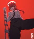  1girl absurdres black_necktie black_pants braid braided_ponytail breasts chain chainsaw_man commentary english_commentary halo highres large_breasts long_hair long_sleeves looking_at_viewer makima_(chainsaw_man) necktie pants red_background rilima shirt simple_background smile solo white_shirt yellow_eyes 